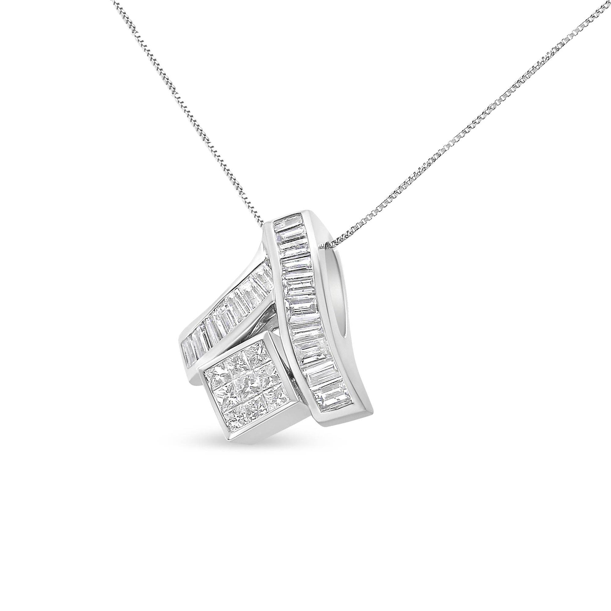 14K White Gold 1 7/8 cttw Princess and Baguette Cut Mixed Geometry Diamond Pendant Necklace (G-H, SI1-SI2) - Bijoux-NYC Direct