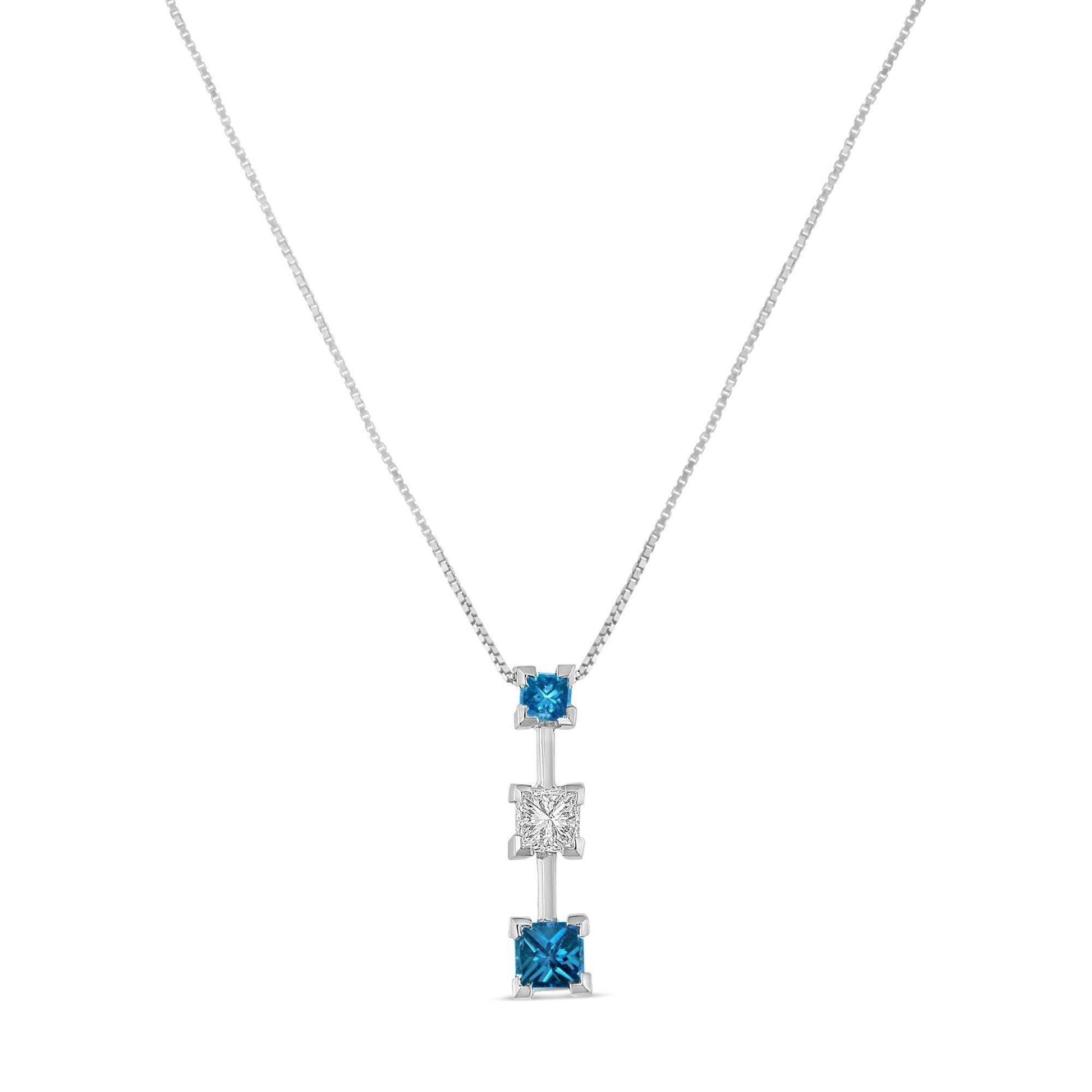 14K White Gold 7/8 cttw Treated Blue and White Princess Cut Diamond Pendant Necklace (H-I, SI2-I1) - Bijoux-NYC Direct