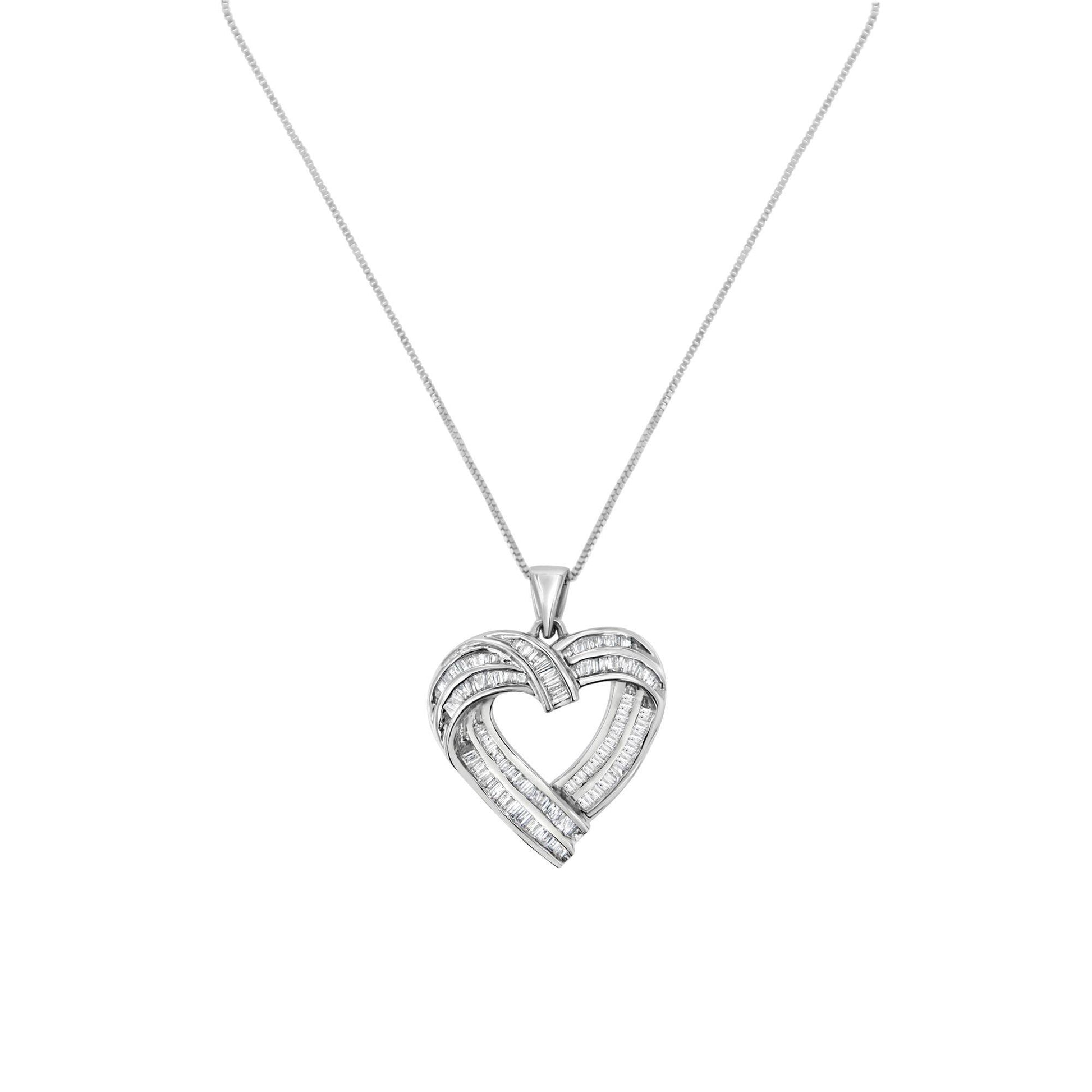 Sterling Silver 7/8 cttw Baguette Diamond Heart Pendant Necklace (I-J, I2-I3) - Bijoux-NYC Direct