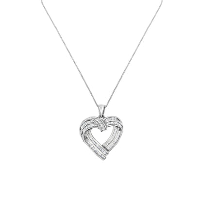 Sterling Silver 7/8 cttw Baguette Diamond Heart Pendant Necklace (I-J, I2-I3) - Bijoux-NYC Direct
