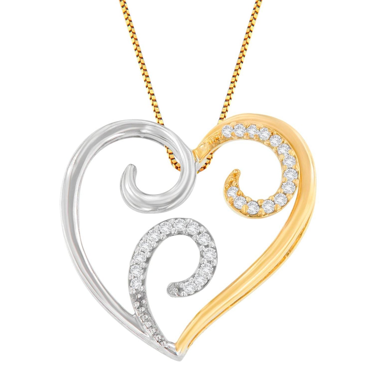 10K Two-Toned Gold 1/10 cttw Round Cut Diamond Swirl Heart Accent Pendant Necklace (H-I, I1-I2) - Bijoux-NYC Direct