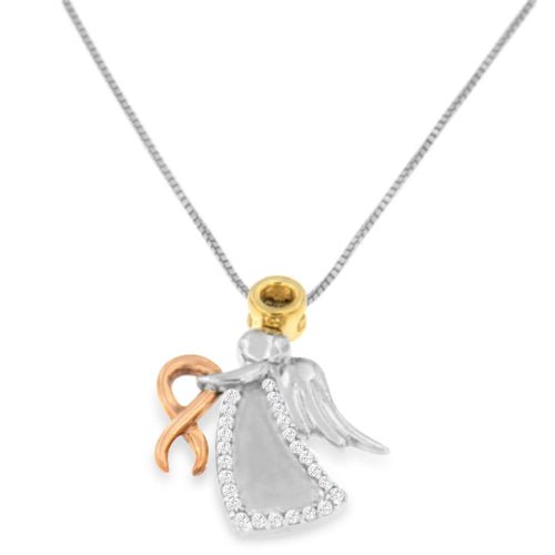 Two-tone angel pendant necklace on a white background
