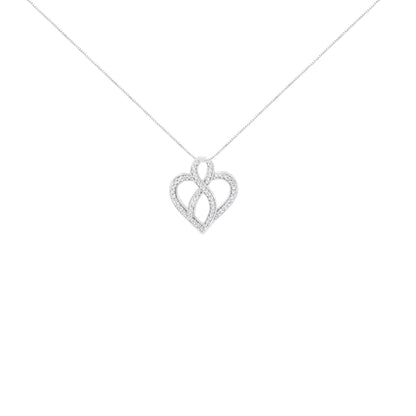 14K White Gold 1/4 cttw Round Cut Diamond Heart and Ribbon Center Pendant Necklace (H-I, I1-I2) - Bijoux-NYC Direct