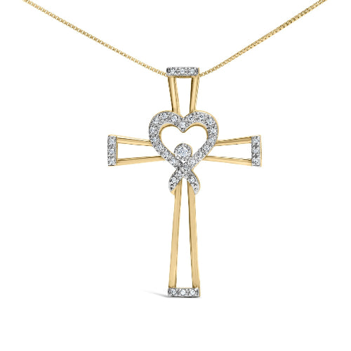 Gold cross pendant with heart design on a white background