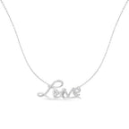 Silver 'LOVE' necklace on a white background