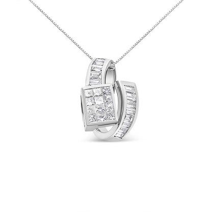 14K White Gold 2 cttw Princess and Baguette Cut Diamond Double Loop Pendant Necklace (G-H, VS1-VS2) - Bijoux-NYC Direct