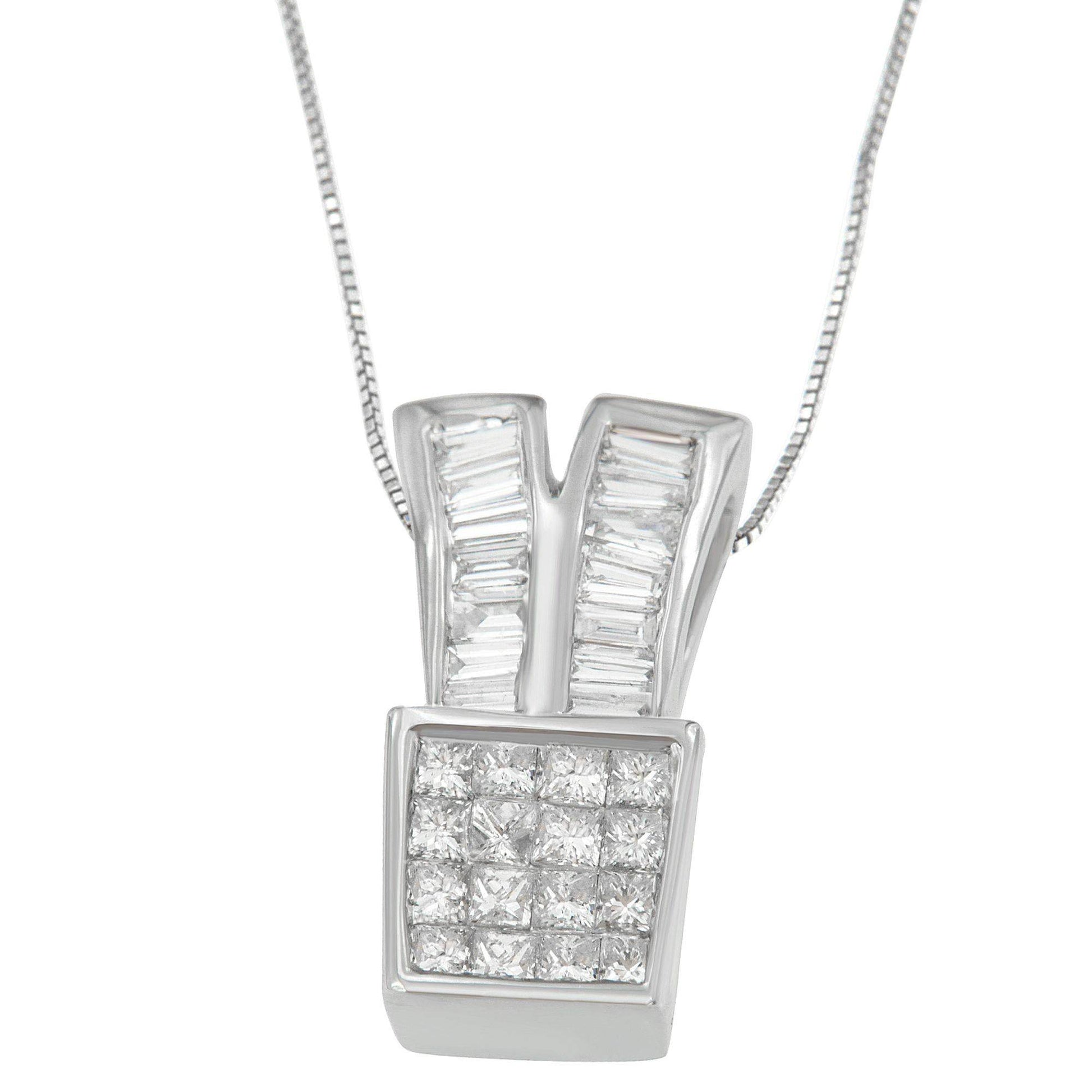 14K White Gold 1 1/3 cttw Princess and Baguette Cut Diamond Sparkling Shapes Pendant Necklace (H-I, SI1-SI2) - Bijoux-NYC Direct
