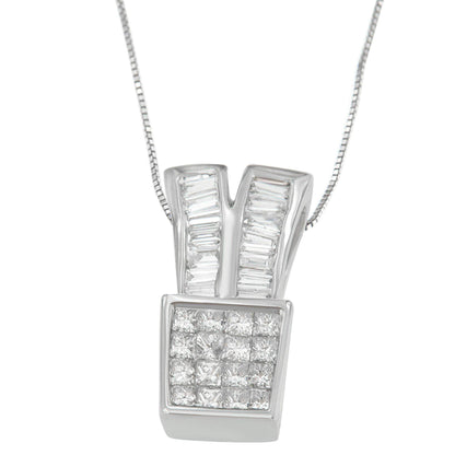 14K White Gold 1 1/3 cttw Princess and Baguette Cut Diamond Sparkling Shapes Pendant Necklace (H-I, SI1-SI2) - Bijoux-NYC Direct