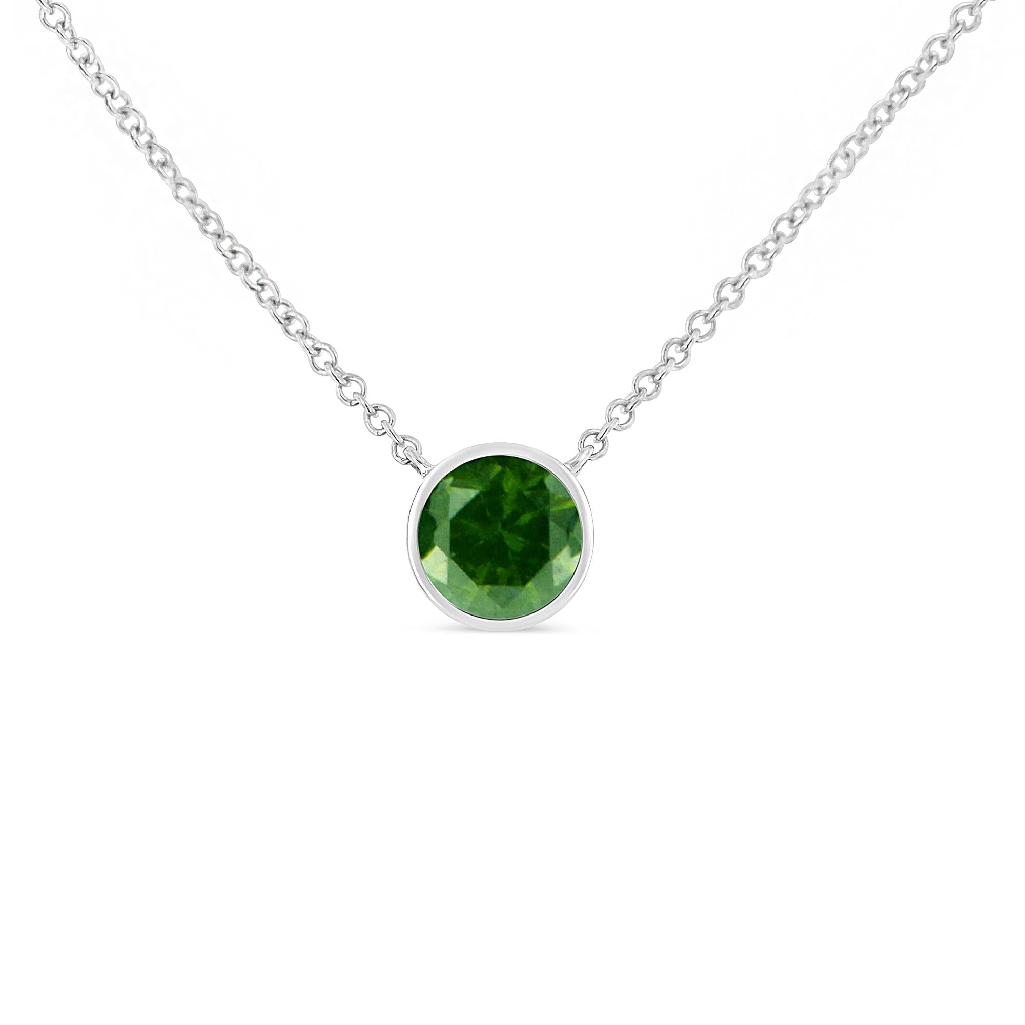 .925 Sterling Silver 1/5 Cttw Bezel Set Solitaire Treated Green Diamond 18" Pendant Necklace (Treated Green Color, I2-I3 Clarity) - Bijoux-NYC Direct
