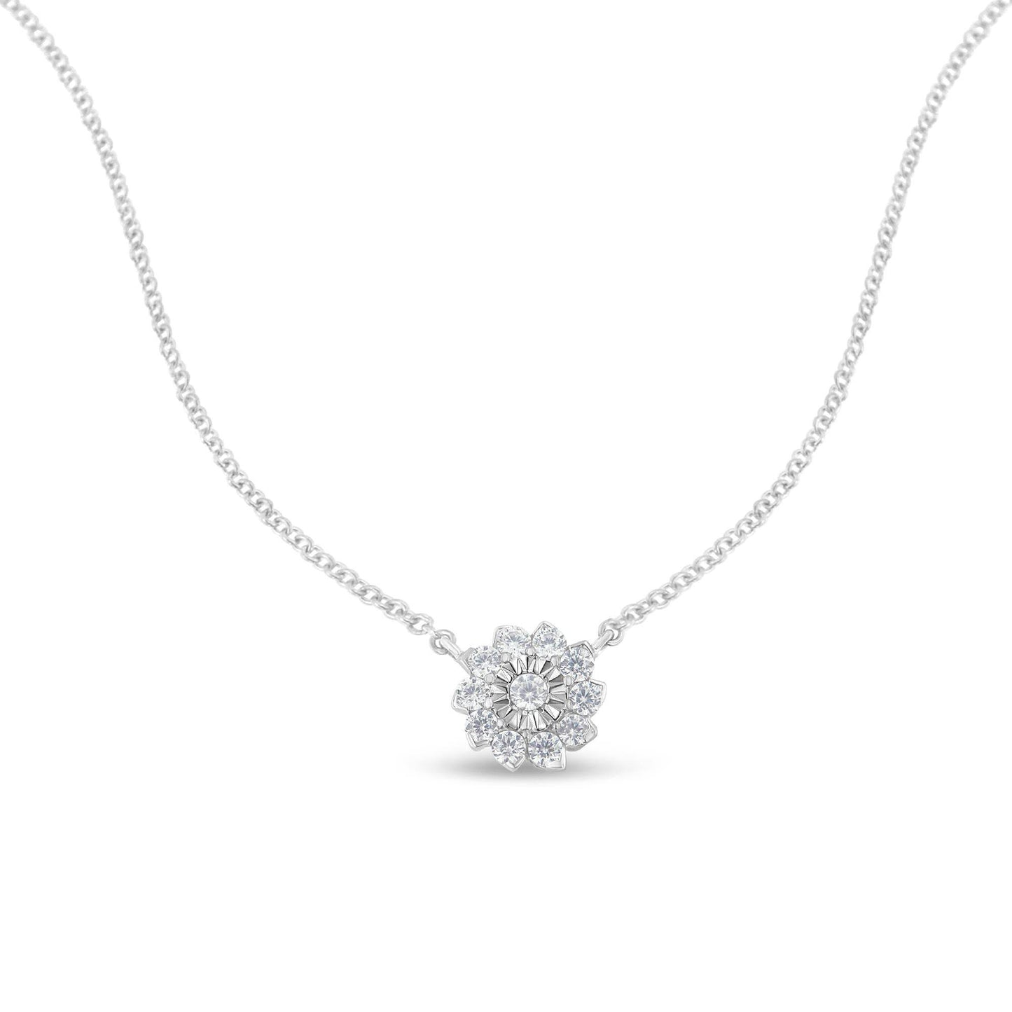 .925 Sterling Silver 1/2 Cttw Diamond Miracle Set Flower Cluster Pendant Necklace with Cable Chain (I-J Color, I1-I2 Clarity) - 18” - Bijoux-NYC Direct