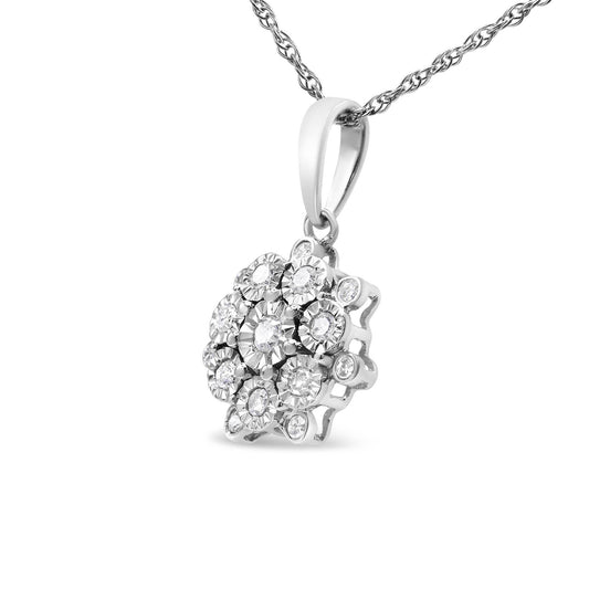 .925 Sterling Silver 1/4 cttw Diamond Floral Cluster Pendant Necklace (I-J, I2-I3) - Bijoux-NYC Direct