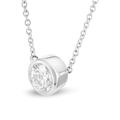 10K White Gold 1/3 Cttw Round Bezel-Set Diamond Solitaire Pendant Necklace (I-J Color, I1-I2 Clarity) - Adjustable 16-18" - Bijoux-NYC Direct