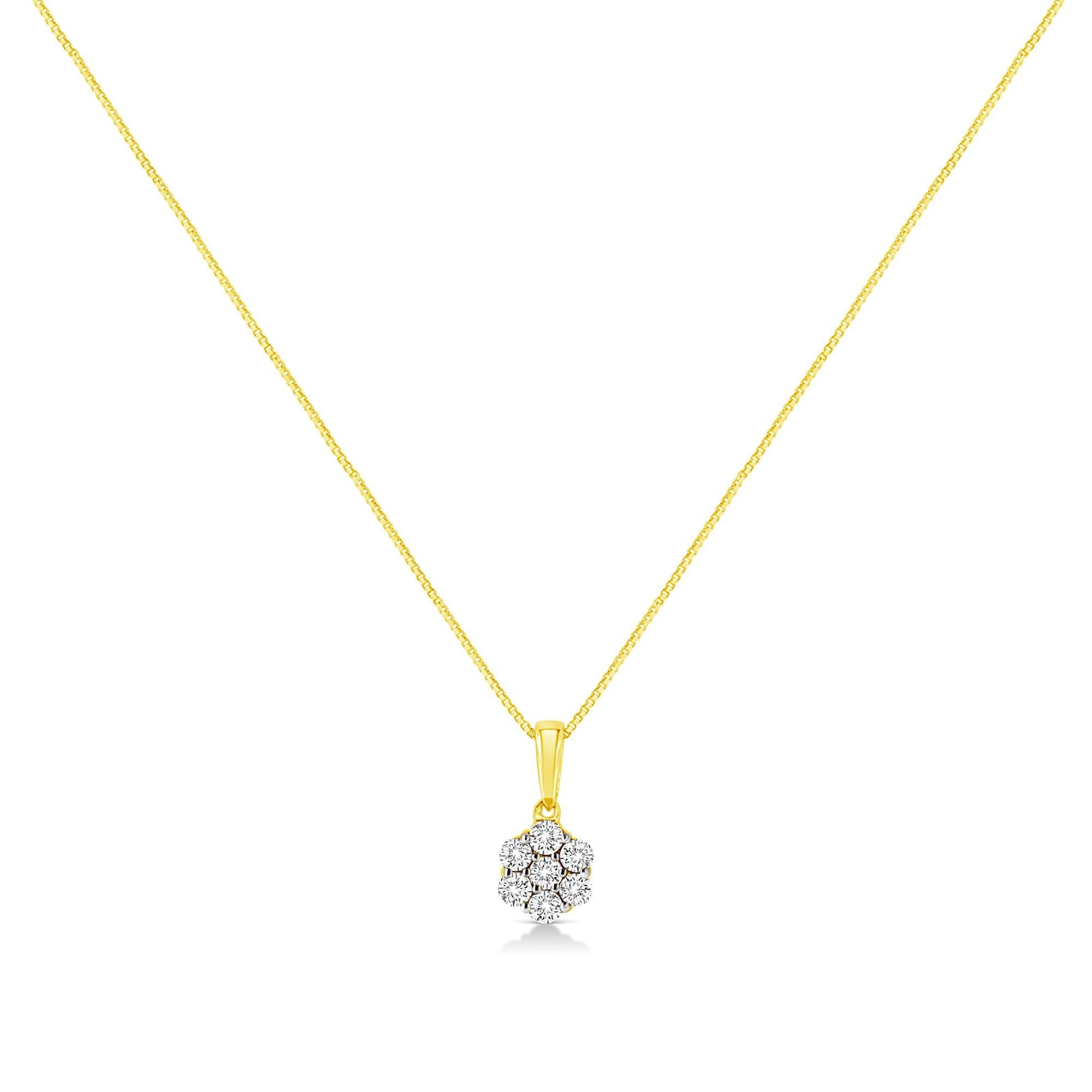 14K Yellow Gold 1/4 Cttw Prong Set Round-Cut Diamond 7 Stone Floral Cluster 18" Pendant Necklace (H-I Color, I1-I2 Clarity) - Bijoux-NYC Direct