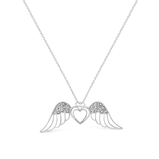 .925 Sterling Silver Pave-Set Diamond Accent Angel Wing 18" Double Heart Pendant Necklace (I-J Color, I1-I2 Clarity) - Bijoux-NYC Direct