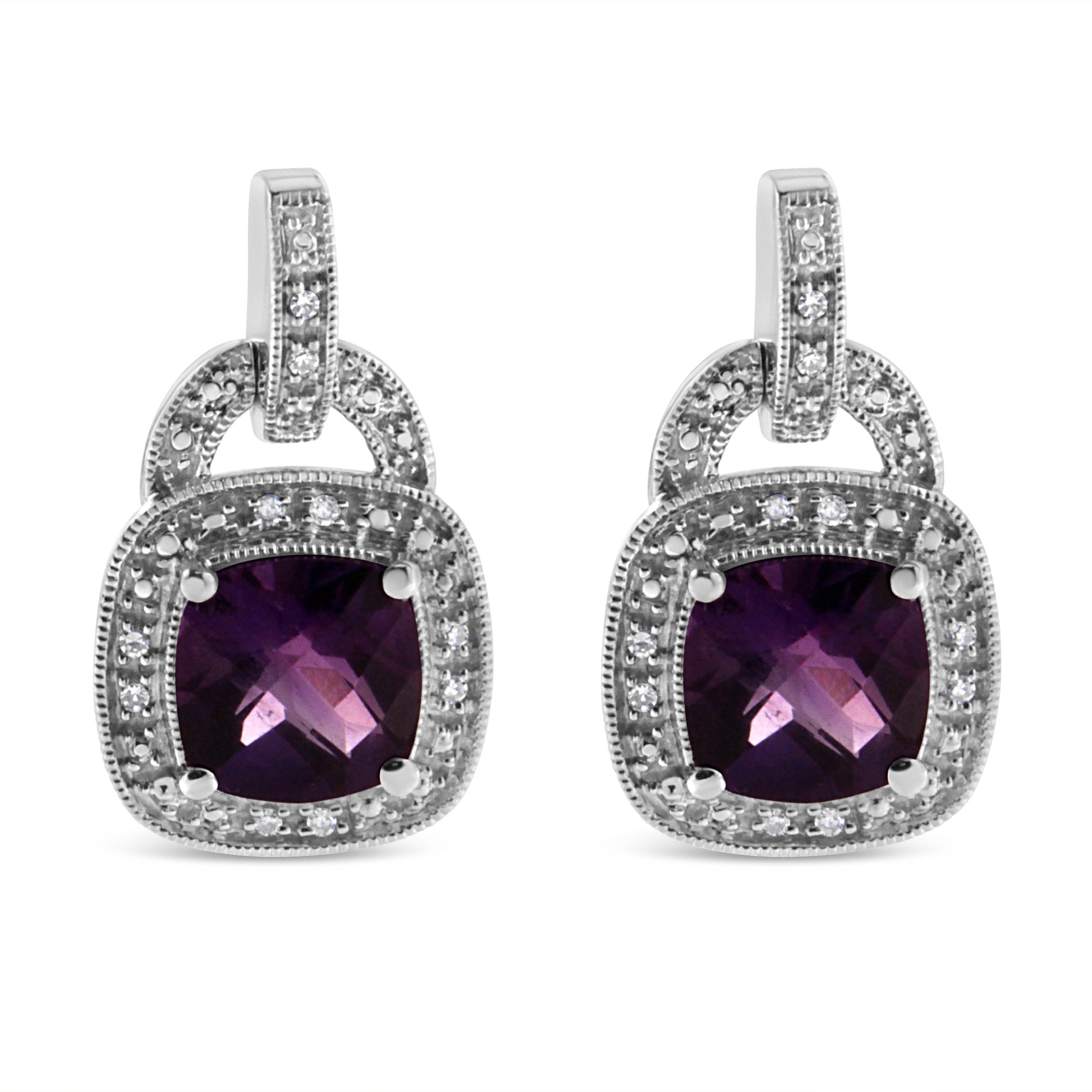 .925 Sterling Silver 8MM Natural Cushion Shaped Amethyst and Diamond Accent Halo with Push Back Dangle Earrings (I-J Color, I2-I3 Clarity) - Bijoux-NYC Direct