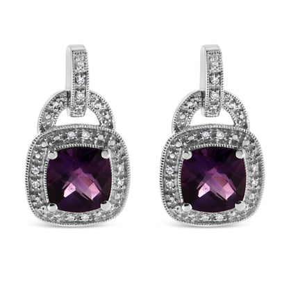 .925 Sterling Silver 8MM Natural Cushion Shaped Amethyst and Diamond Accent Halo with Push Back Dangle Earrings (I-J Color, I2-I3 Clarity) - Bijoux-NYC Direct