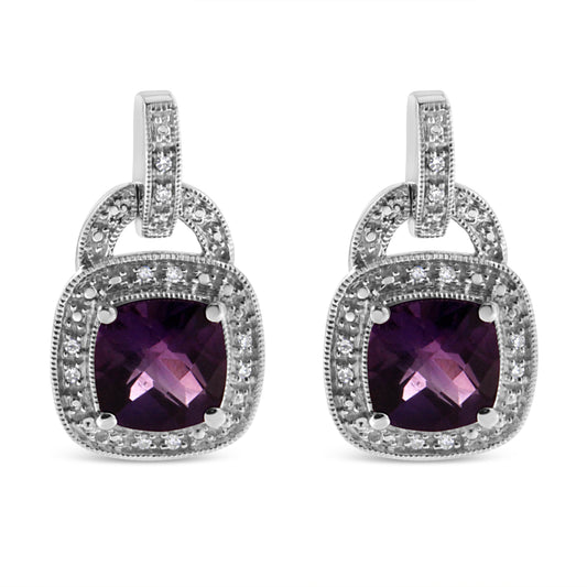 .925 Sterling Silver 8MM Natural Cushion Shaped Amethyst and Diamond Accent Halo with Push Back Dangle Earrings (I-J Color, I2-I3 Clarity) - Bijoux-NYC Direct