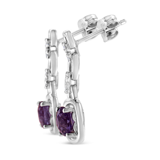 .925 Sterling Silver 6x6MM Cushion Shaped Natural Purple Amethyst and Diamond Accent Drop and Dangle Earrings (I-J Color, I1-I2 Clarity) - Bijoux-NYC Direct