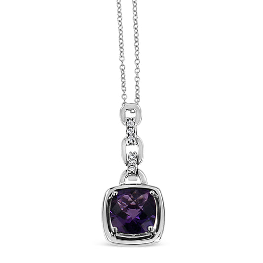 .925 Sterling Silver 6x6MM Cushion Shaped Natural Purple Amethyst and Diamond Accented Bale 18" Inch Pendant Necklace (I-J Color, I1-I2 Clarity) - Bijoux-NYC Direct