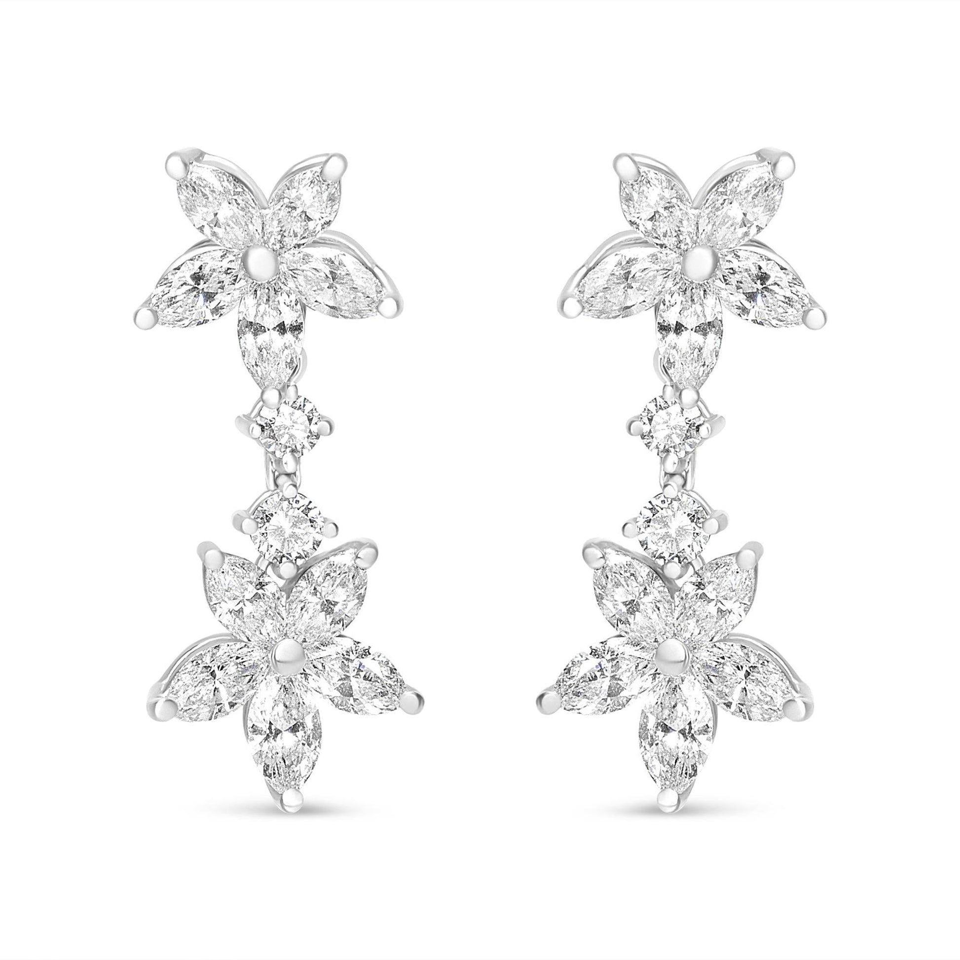 18k White Gold 6.0 Cttw Marquise Diamond Floral Dangle Drop Earrings (E-F Color, VS1-VS2 Clarity) - Bijoux-NYC Direct