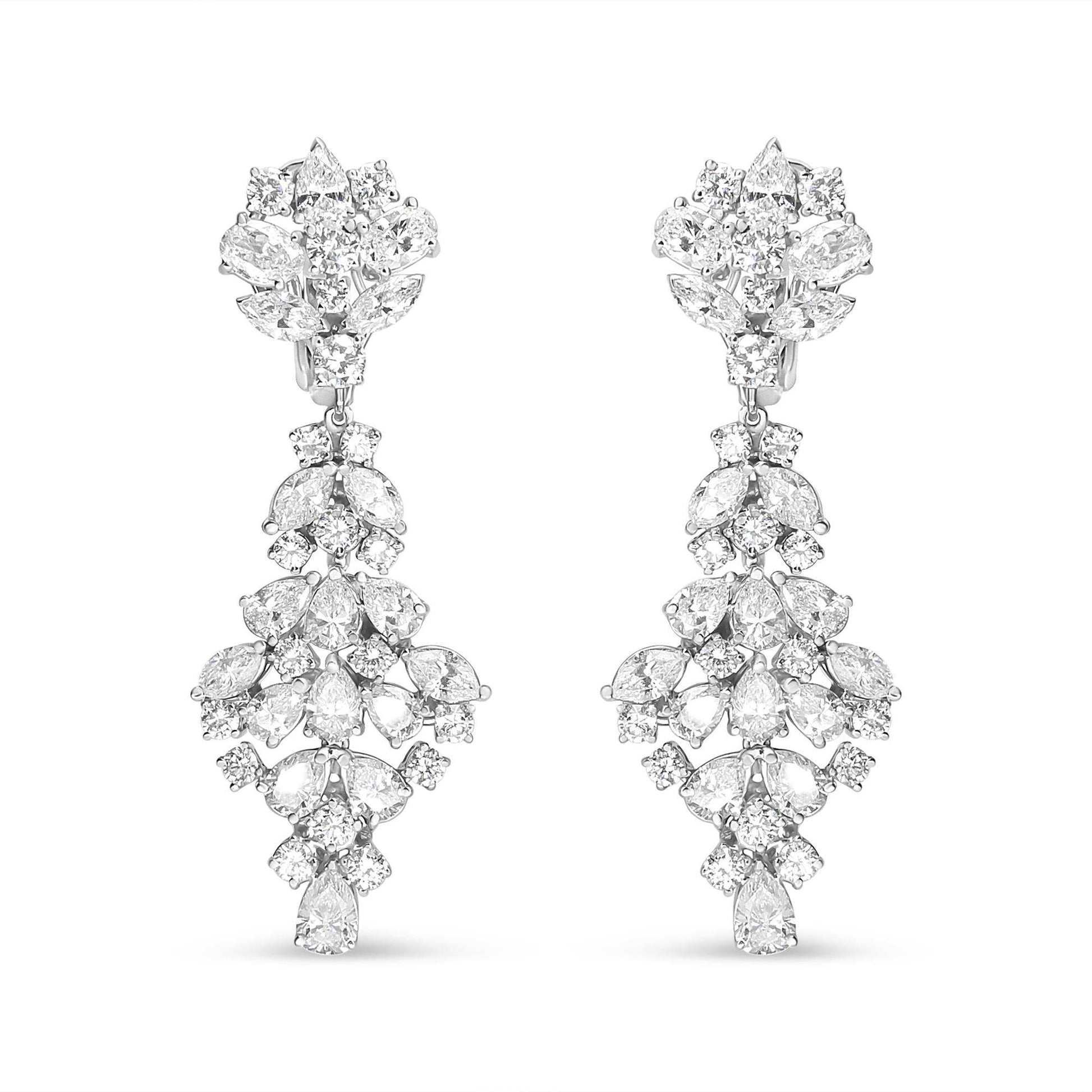 18K White Gold 9 1/2 Cttw Diamond Cluster Drop Dangle Clip-On Earrings (F-G Color, VS1-VS2 Clarity) - Bijoux-NYC Direct