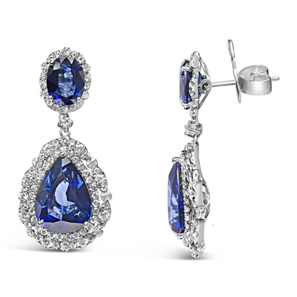 18K White Gold Blue Sapphire 2 3/4 Cttw Diamond Halo Drop Dangle Earring (G-H Color, SI1-SI2 Clarity) - Bijoux-NYC Direct