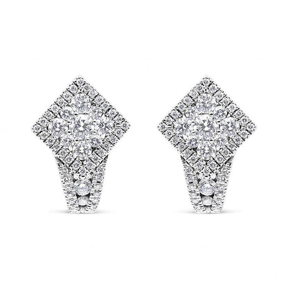 18K White Gold 1 1/10 Cttw Round Diamond Cluster with Halo Hoop Huggie Earring (F-G Color, VS1-VS2 Clarity) - Bijoux-NYC Direct