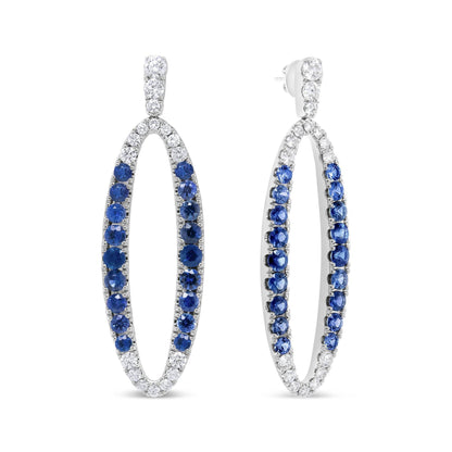 18K White Gold 1.11 Cttw Blue Round Diamond and Blue Sapphire Openwork Oval Shaped Dangle Earrings (F-G Color, VS1-VS2 Clarity) - Bijoux-NYC Direct