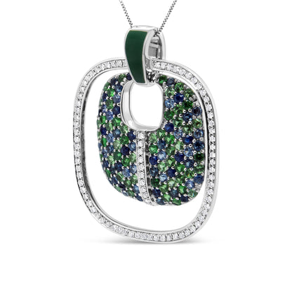 .925 Sterling Silver Green Enamel Pendant with 1/2 Cttw Diamond, Sapphire, and Tsavorite Openwork Statement 18" Pendant Necklace (F-G Color, VS1-VS2 Clarity) - Bijoux-NYC Direct