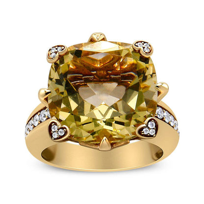 18K Yellow Gold 15x15mm Cushion Cut Lemon Quartz and 1/4 Cttw Diamond Accented Cocktail Ring (F-G Color, VS1-VS2 Clarity) - Bijoux-NYC Direct