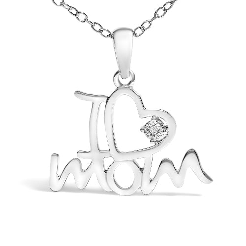 Silver 'I love mom' pendant with a heart and diamond on a white background