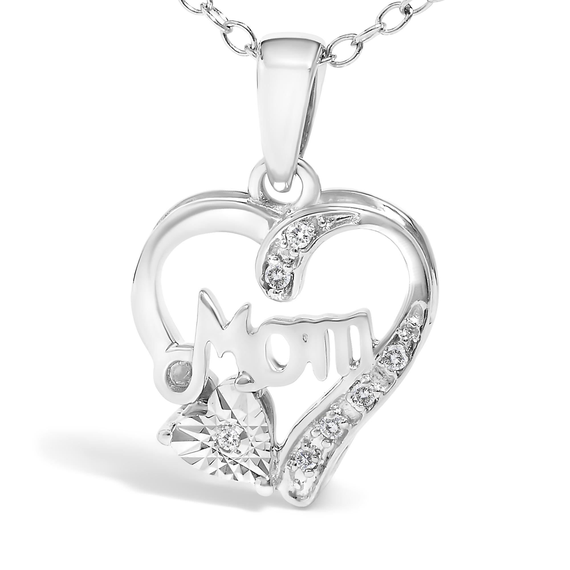 Silver 'mom' heart pendant necklace on a white background