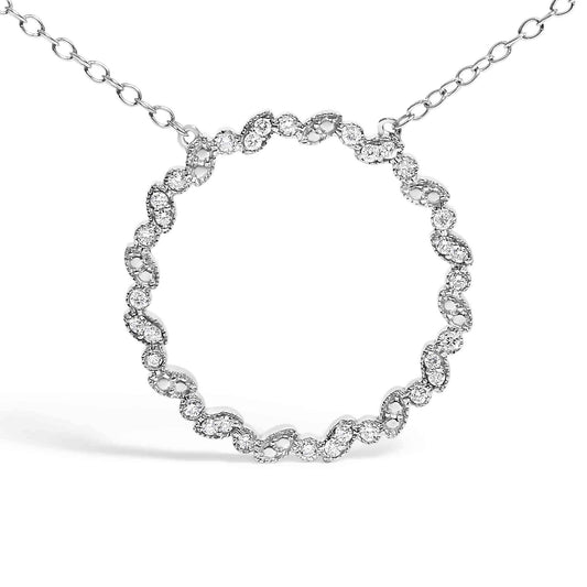 .925 Sterling Silver 1/7 Cttw Lab Grown Diamond Beaded Love Circle Pendant Necklace - Size 18 Inches - Bijoux-NYC Direct