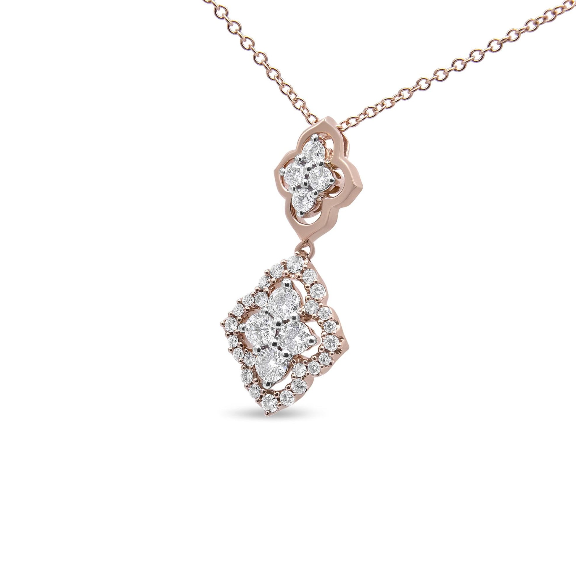 14K Rose Gold 3/4 Cttw Round Diamond Double Quatrefoil Pendant 18" Necklace (H-I Color, I1-I2 Clarity) - Bijoux-NYC Direct