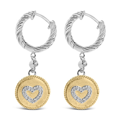18K Yellow Gold Plated .925 Sterling Silver 1/8 Cttw Diamond Heart Medallion Drop and Dangle Earring (I-J Color, SI1-SI2 Clarity) - Bijoux-NYC Direct