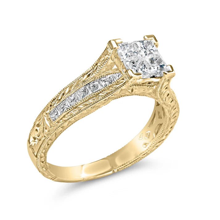 Gold ring with a diamond on a white background