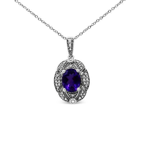 Purple gemstone pendant with chain on a white background