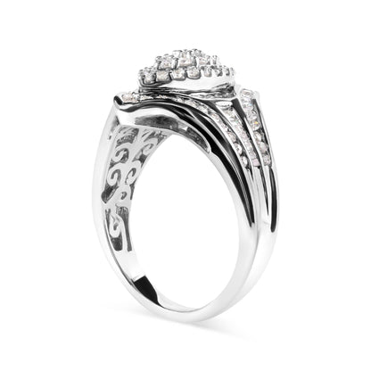 14K White Gold 3/4 Cttw Round and Baguette cut Diamond Cluster Ring (H-I Color, I1-I2 Clarity) - Bijoux-NYC Direct