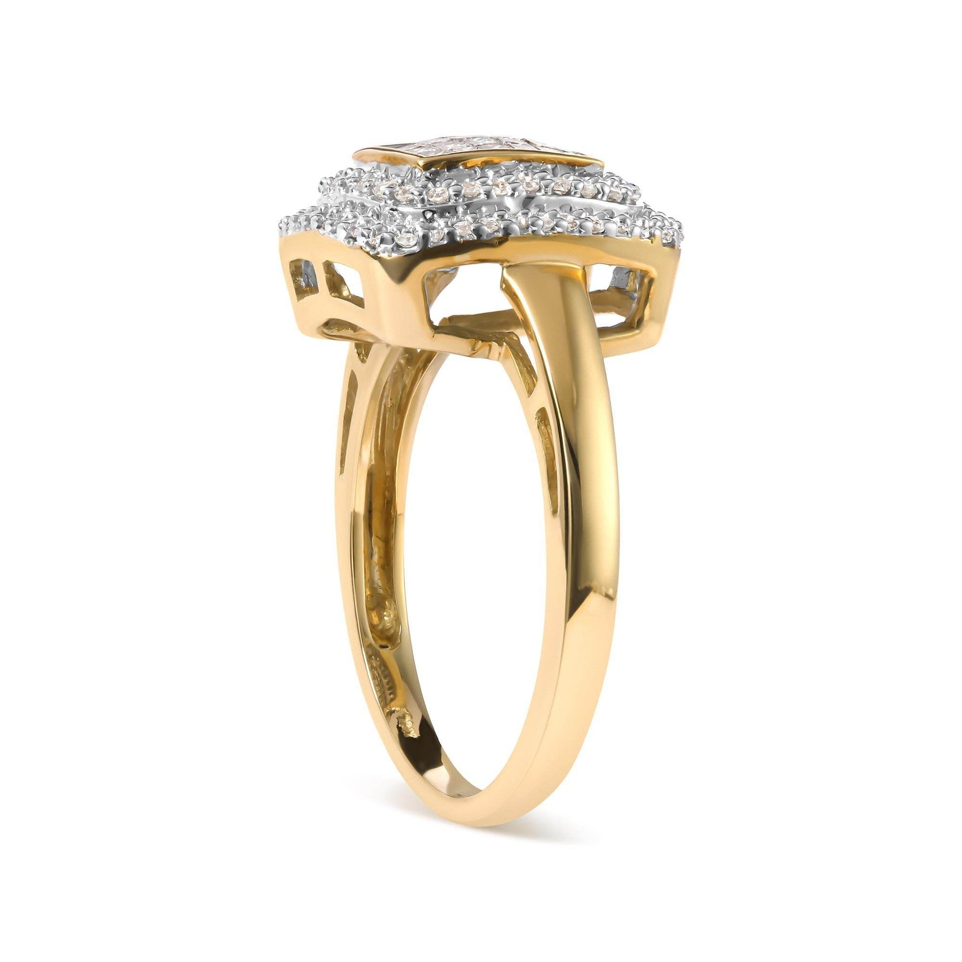 10K Yellow Gold 1/2 cttw Round and Princess Diamond Composite Head and Halo Ring (H-I Color, SI1-SI2 Clarity) - Bijoux-NYC Direct