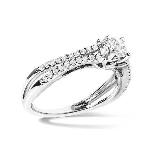Diamond ring with a white gold band on a white background