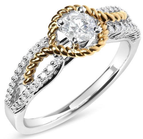 Two-tone diamond ring with gold and silver band on a white background