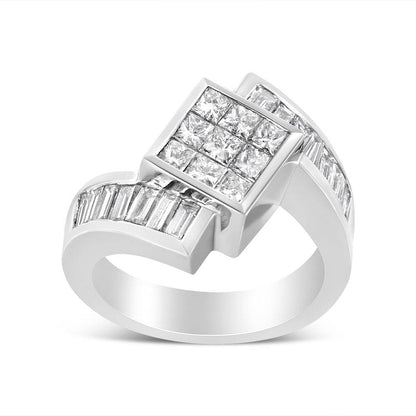 14K White Gold 2 1/5 Cttw Invisible-Set Princess and Channel-Set Baguette Diamond Bypass Kite-Set Ring (G-H Color, VS2-SI1 Clarity) - Bijoux-NYC Direct