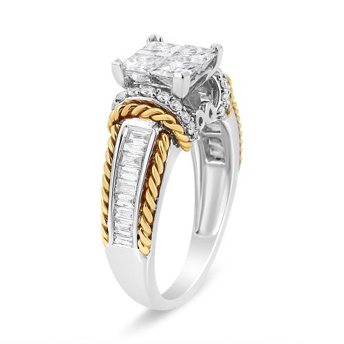 Two-tone diamond ring with gold and silver band on a white background