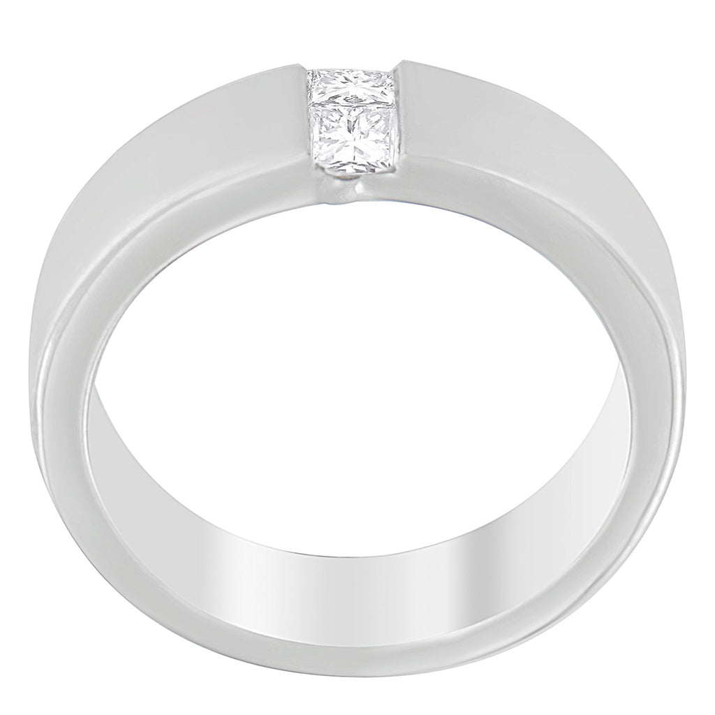 Silver ring with a diamond on a white background