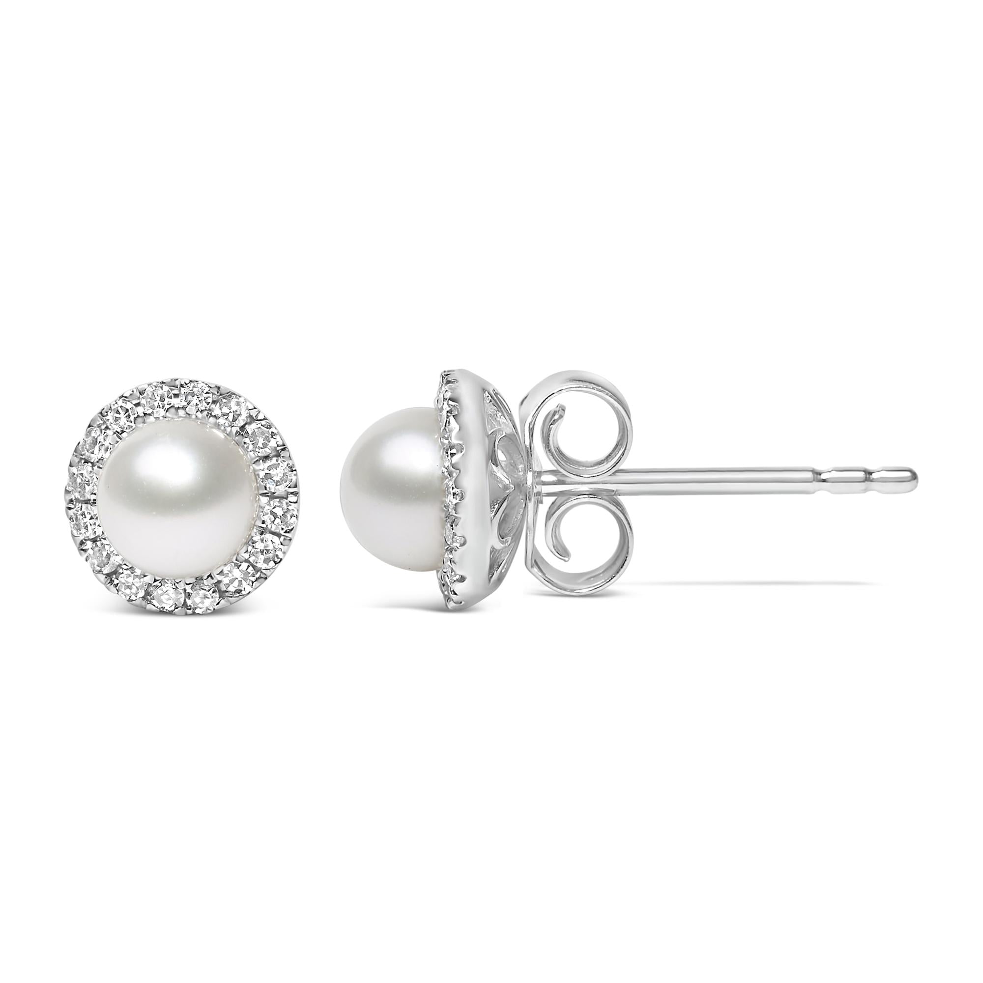 Pearl stud earrings with diamond accents on a white background