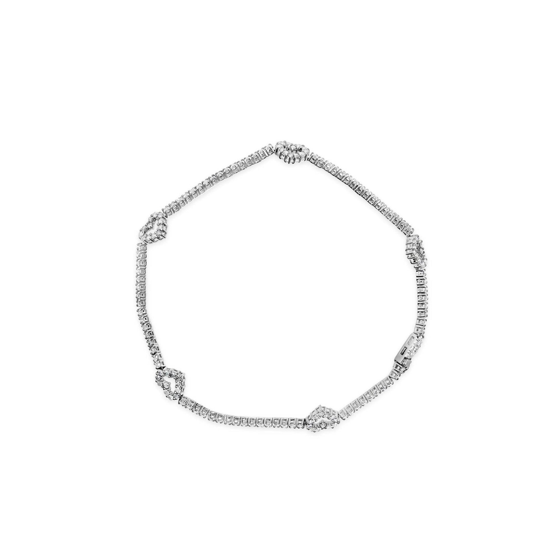 14K White Gold 1 1/2 Cttw Diamond Heart Station Strand Bracelet (H-I Color, I1-I2 Clarity) - 7.5 Inches - Bijoux-NYC Direct