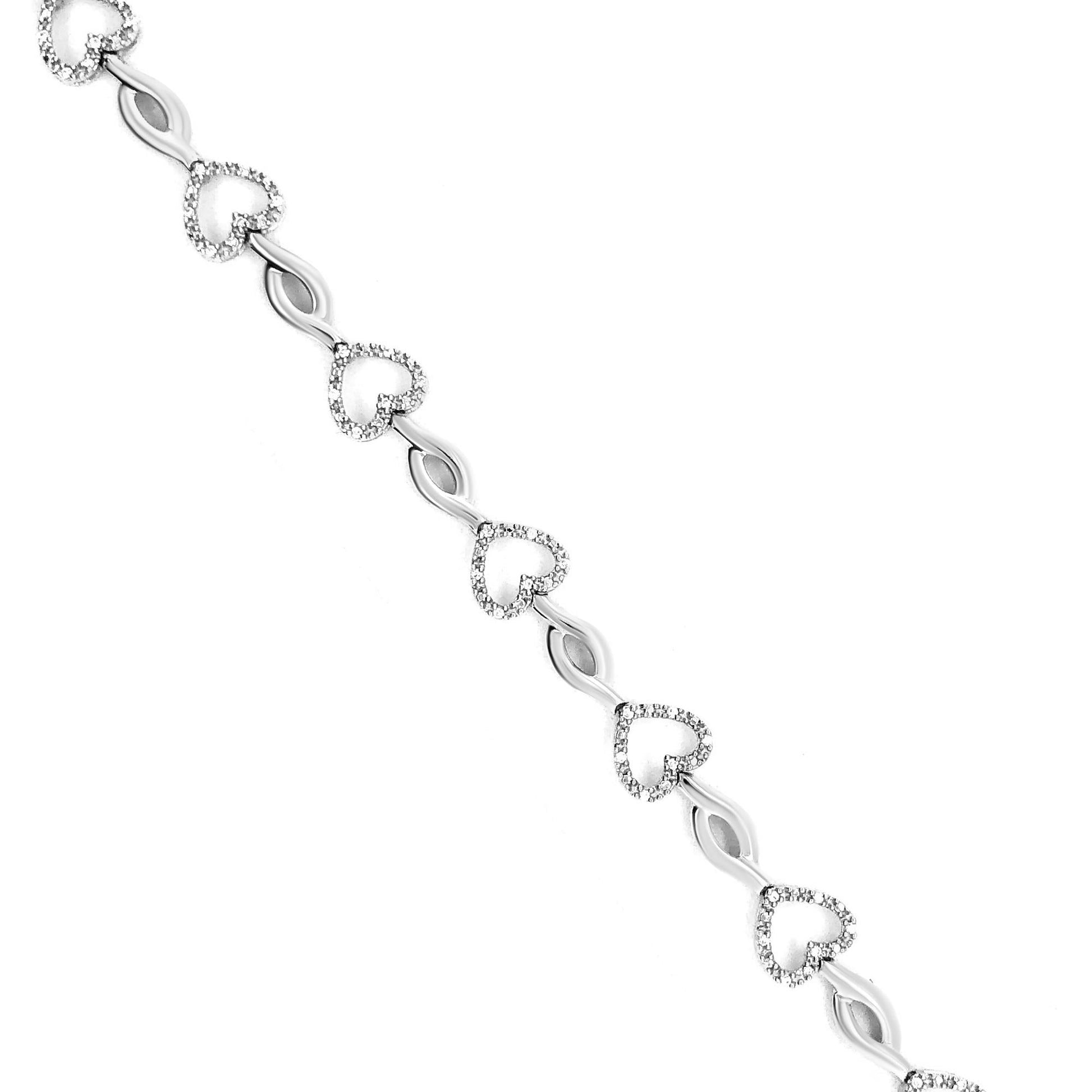 .925 Sterling Silver 1/4 Cttw Round-Cut Diamond Alternating Heart and Leaf Link Bracelet (I-J Color, I3 Clarity) - Size 7.25" - Bijoux-NYC Direct