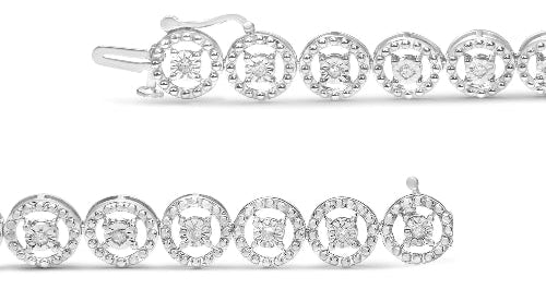 Silver bracelet with circular links and embedded stones on a white background