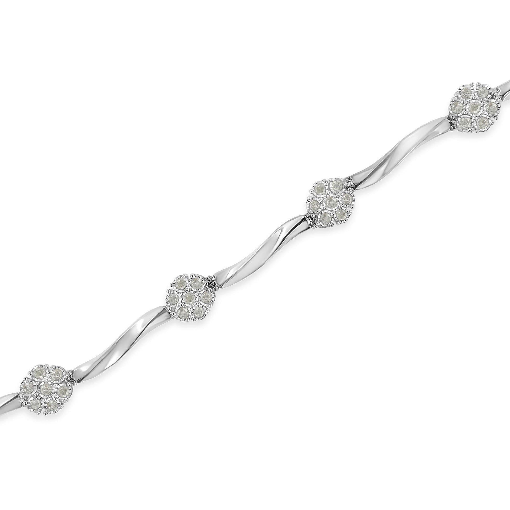 .925 Sterling Silver 1.0 Cttw Diamond Cluster Miracle-Set Station & Twisted Bar 7" Tennis Bracelet (H-I Color, I1-I2 Clarity) - Bijoux-NYC Direct