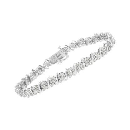 .925 Sterling Silver Diamond Floral Cluster Link Bracelet (2 3/4 cttw, I-J Color, I3 Clarity) - Size 7.25" - Bijoux-NYC Direct